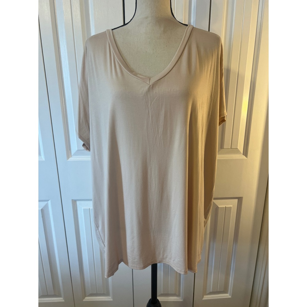 A.Gain Womens V-Neck Oversized Tunic Top Blush Tan Short Sleeve 1XL USA Made